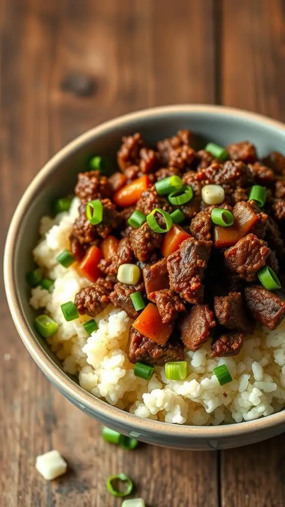 A bowl filled with Mongolian beef served on cauliflower rice, topped with green onions and colorful veggies.