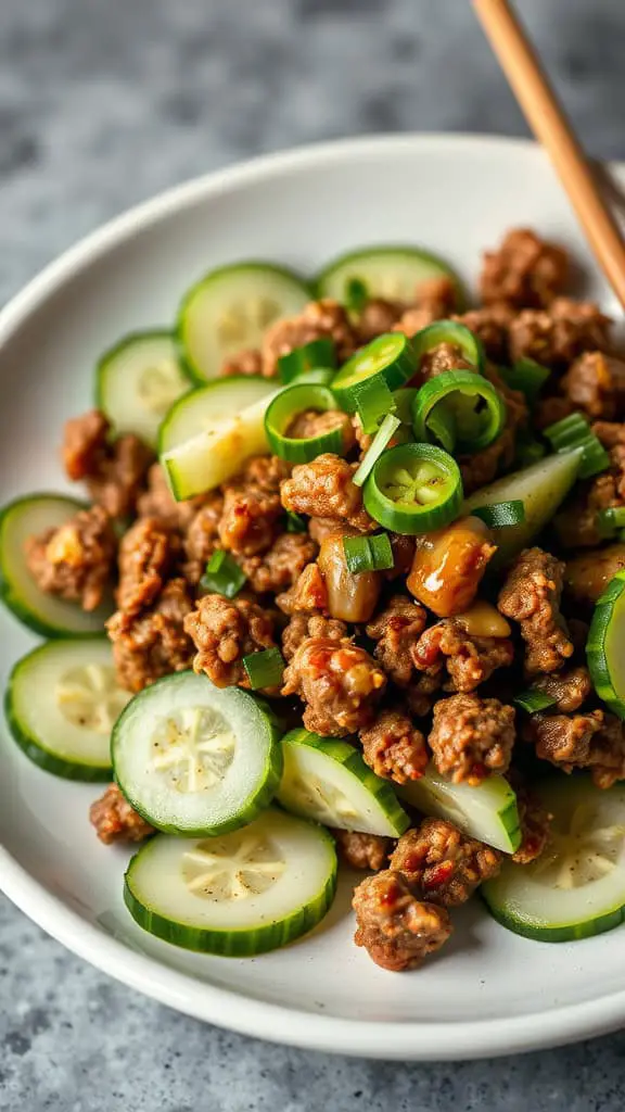 A plate of Mongolian beef with sliced cucumbers and green onions, served with chopsticks.