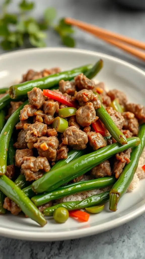 A plate of Mongolian beef mixed with green beans and colorful peppers.