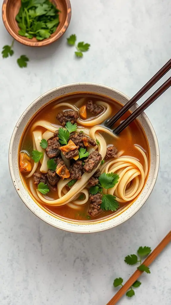 Bowl of Mongolian Beef and Noodle Soup with cilantro on top