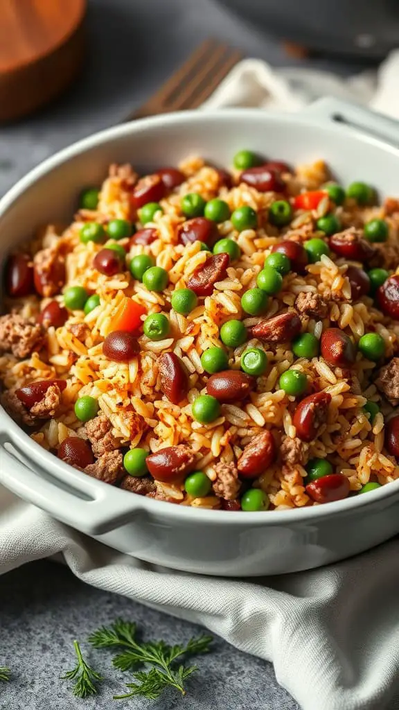 A bowl of Mongolian Beef and Peas Pilaf with rice, ground beef, and green peas.