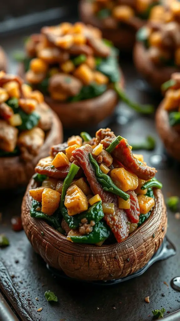 Mongolian beef and spinach stuffed mushrooms on a baking tray.