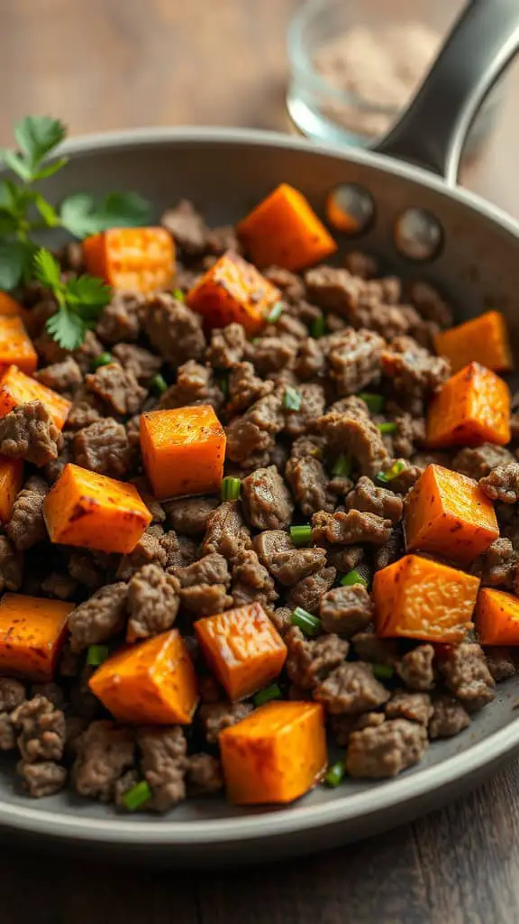 A skillet filled with a mixture of ground beef and diced sweet potatoes, garnished with green onions and cilantro.