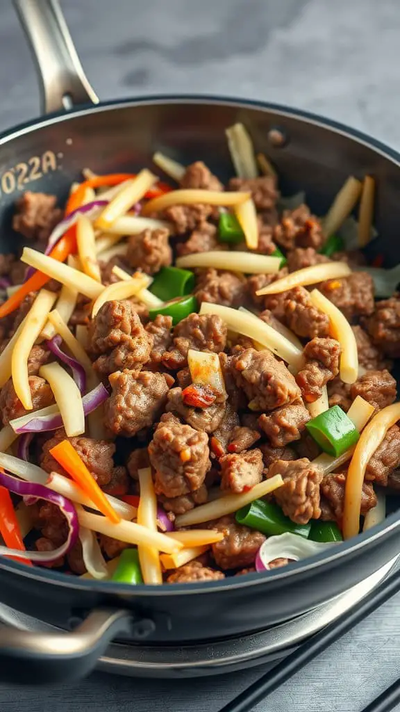 A pan filled with Mongolian Beef Cabbage Stir-Fry featuring ground beef and colorful vegetables.