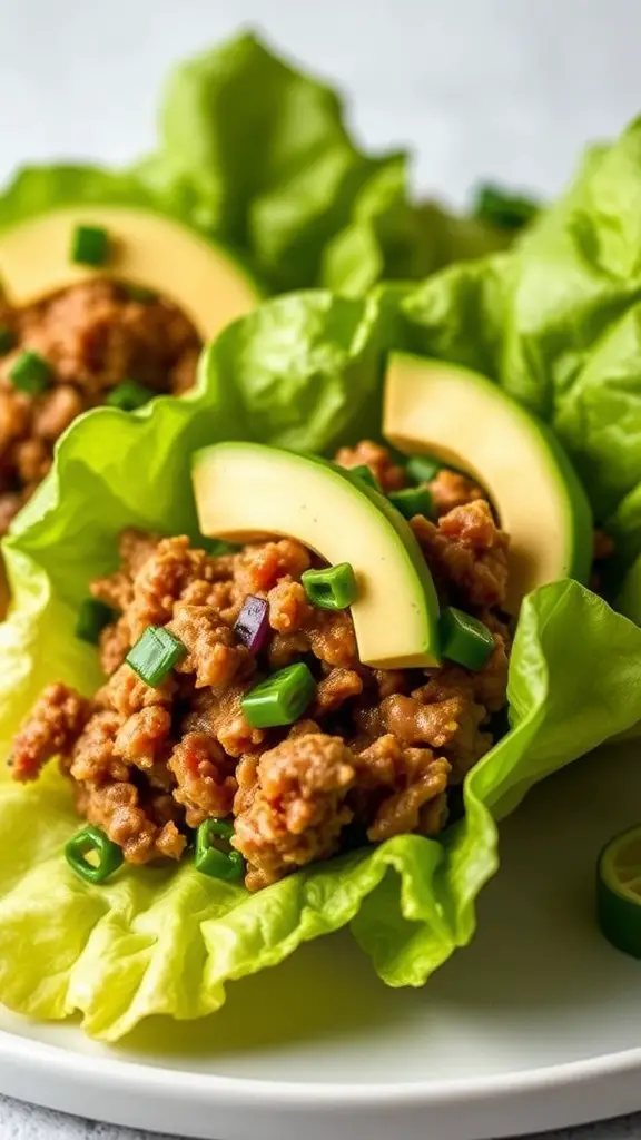 Mongolian Beef Lettuce Cups filled with ground beef and topped with avocado slices and green onions.