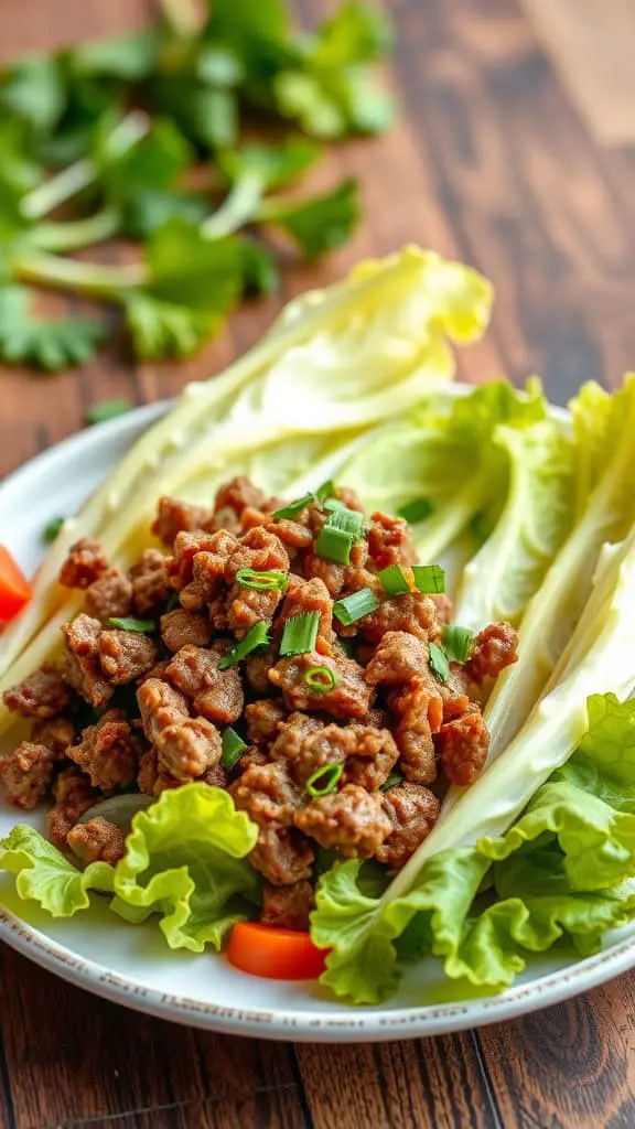 A plate of Mongolian Beef served on fresh lettuce leaves, garnished with green onions.