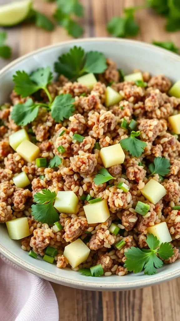 A bowl of Mongolian Beef Quinoa Salad with ground beef, quinoa, and fresh vegetables.