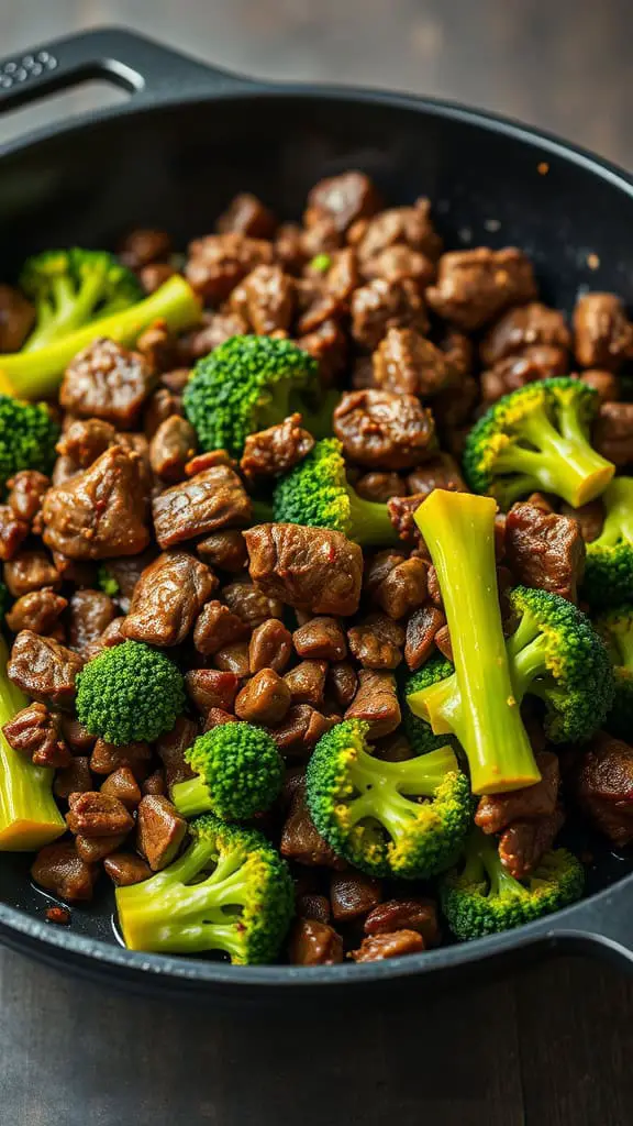 A savory dish of Mongolian beef stir-fry with broccoli, showcasing tender beef pieces and bright green broccoli florets.