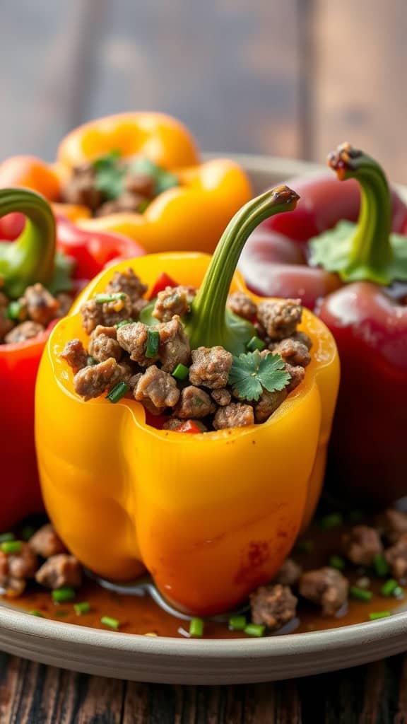 Mongolian Beef Stuffed Bell Peppers filled with ground beef and garnished with cilantro.