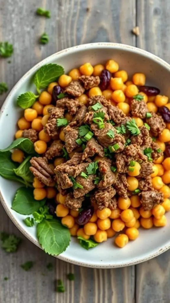 A bowl of Mongolian beef on a bed of chickpeas and greens