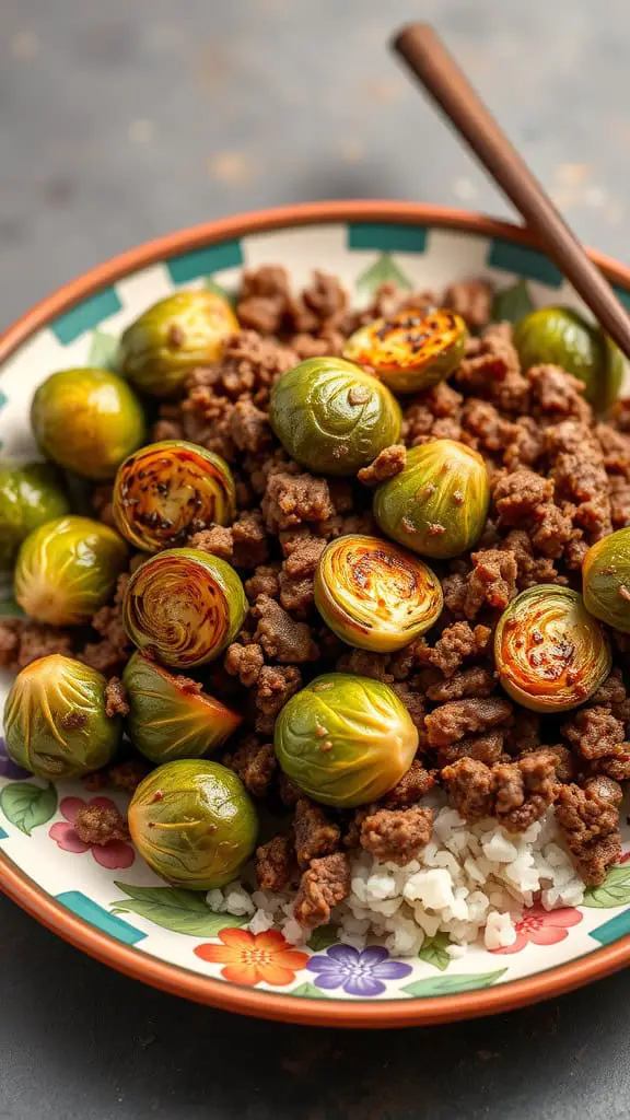 A bowl of Mongolian beef with roasted Brussels sprouts and rice.