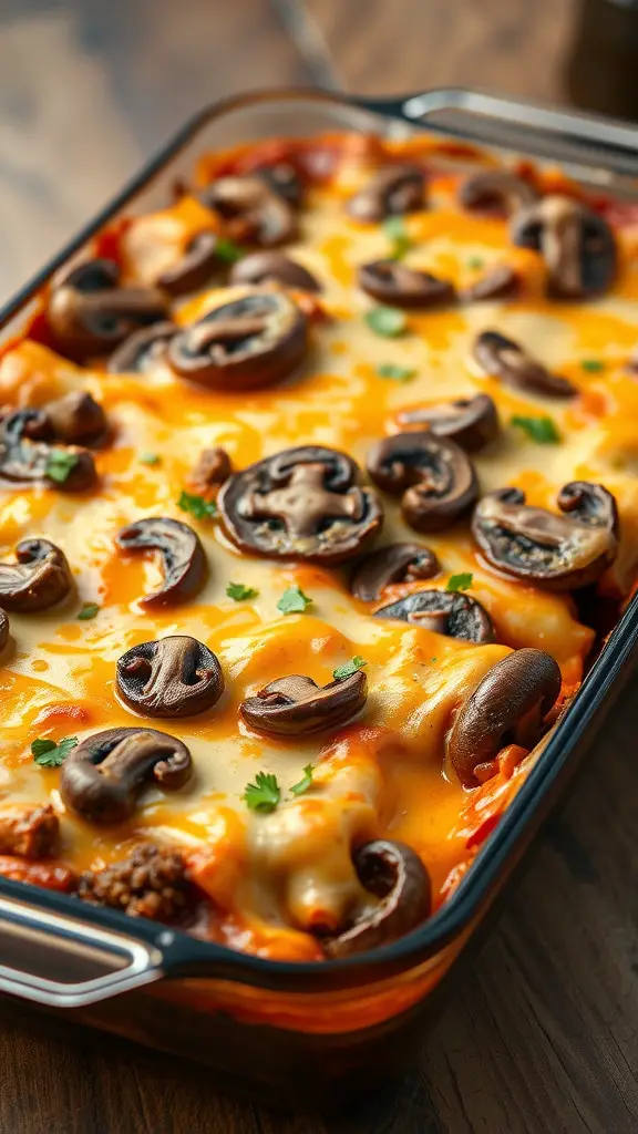 A delicious Mushroom and Beef Enchilada Casserole topped with cheese and mushrooms.