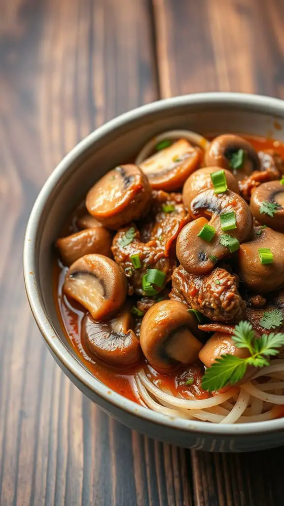 A bowl of mushroom and beef stir-fry with green onions on top, served over noodles.