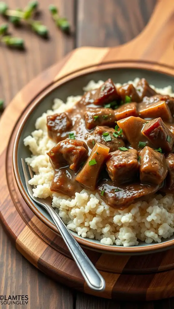 A bowl of mushroom and beef stroganoff served over cauliflower rice