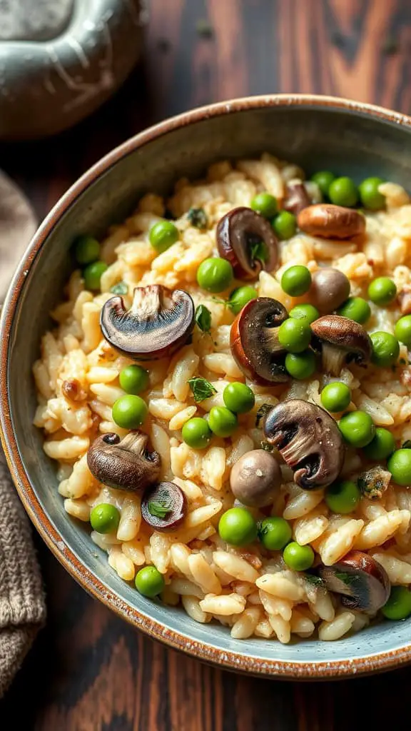 A bowl of creamy mushroom and pea risotto topped with mushrooms and green peas.