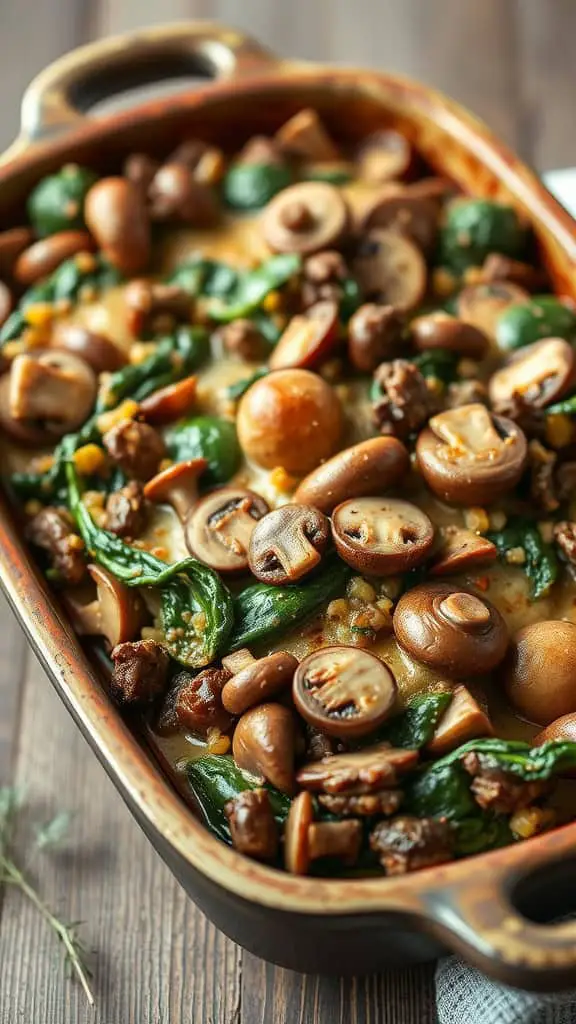 A delicious casserole dish filled with ground beef, mushrooms, and spinach, ready to be served.