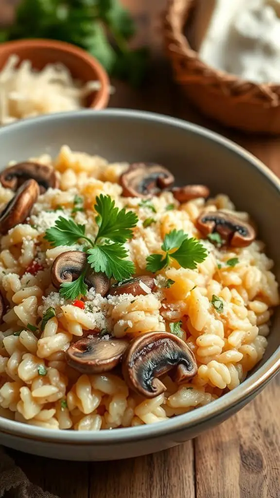 A bowl of mushroom risotto topped with mushrooms and fresh herbs, served with cheese on the side.