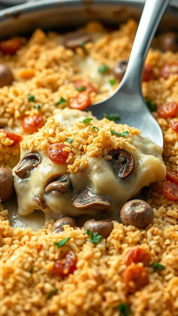 A delicious Mushroom Swiss Burger casserole with a golden crust, topped with mushrooms and tomatoes.