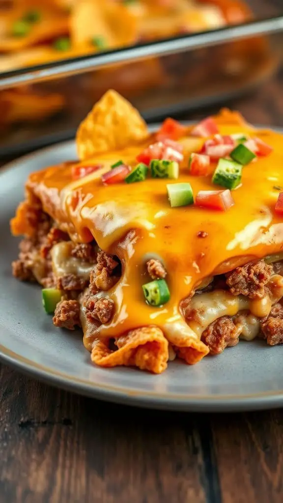 A serving of Beef Enchilada Casserole topped with cheese, diced tomatoes, and green onions on a plate.