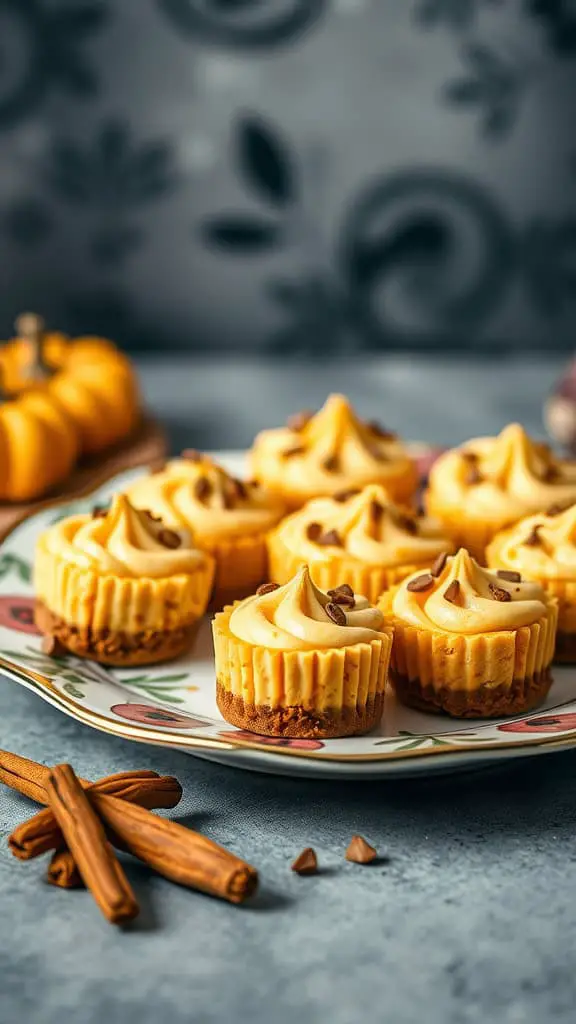 A plate of no-bake pumpkin cheesecake bites with decorations.