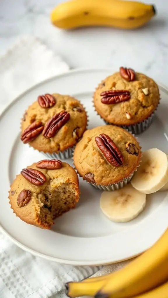 A plate of banana muffins topped with pecans next to sliced bananas.