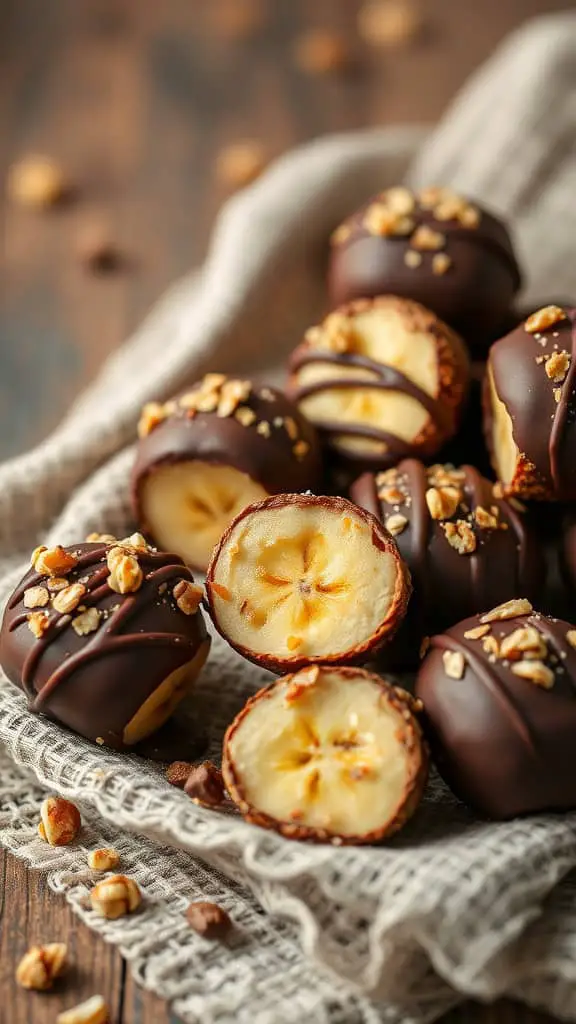 Nutty Granola Dark Chocolate Banana Bites on a textured surface with some chopped nuts scattered around.