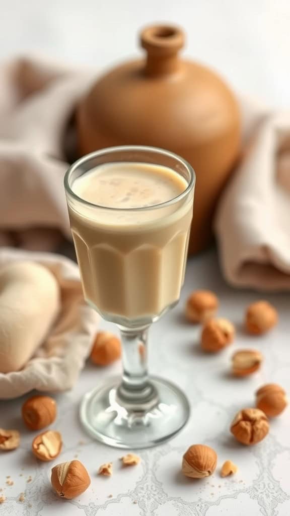 A glass of creamy Nutty Hazelnut Golden Milk surrounded by hazelnuts and a clay pot.