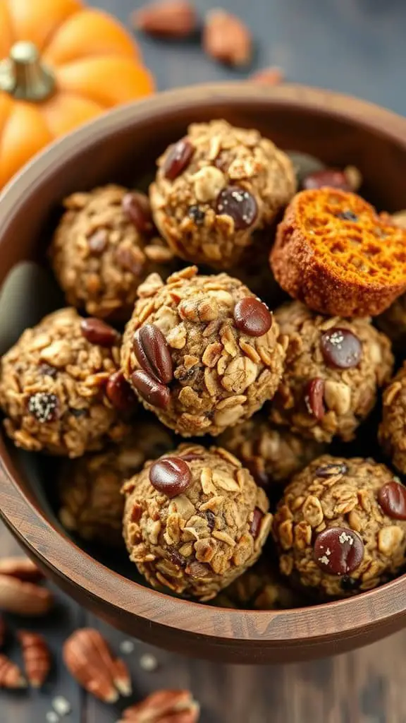 A wooden bowl filled with nutty pumpkin granola bites, surrounded by nuts and a small pumpkin.