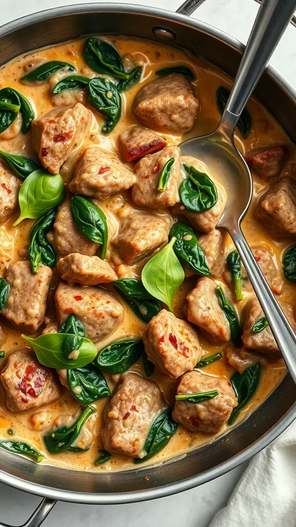 A pan of creamy beef stroganoff with spinach, featuring tender beef chunks and vibrant greens.