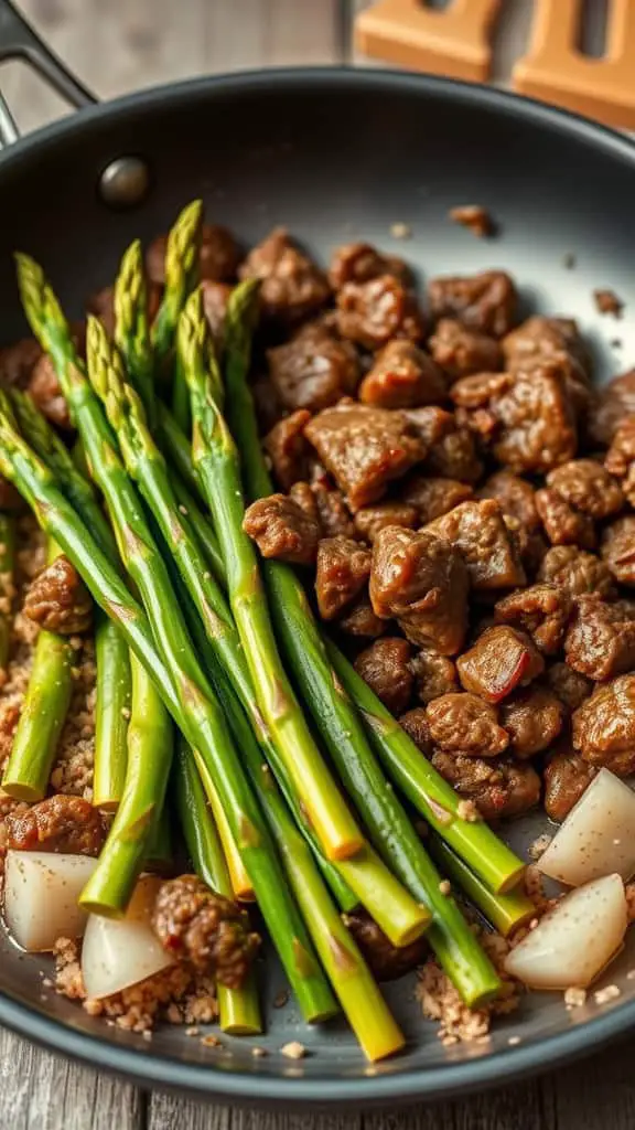 A skillet with cooked Mongolian beef and fresh asparagus, showcasing a delicious one-pan meal.