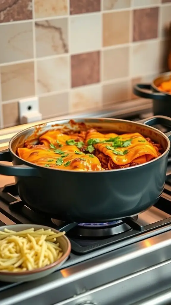 One-Pot Beef Enchilada Casserole in a pot on a stove, with cheese and fresh herbs on top, alongside a bowl of pasta.