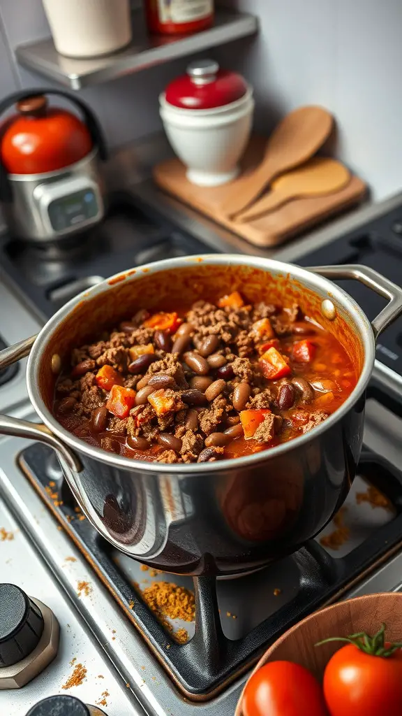 A pot of ground beef chili cooking on a stove with colorful ingredients.