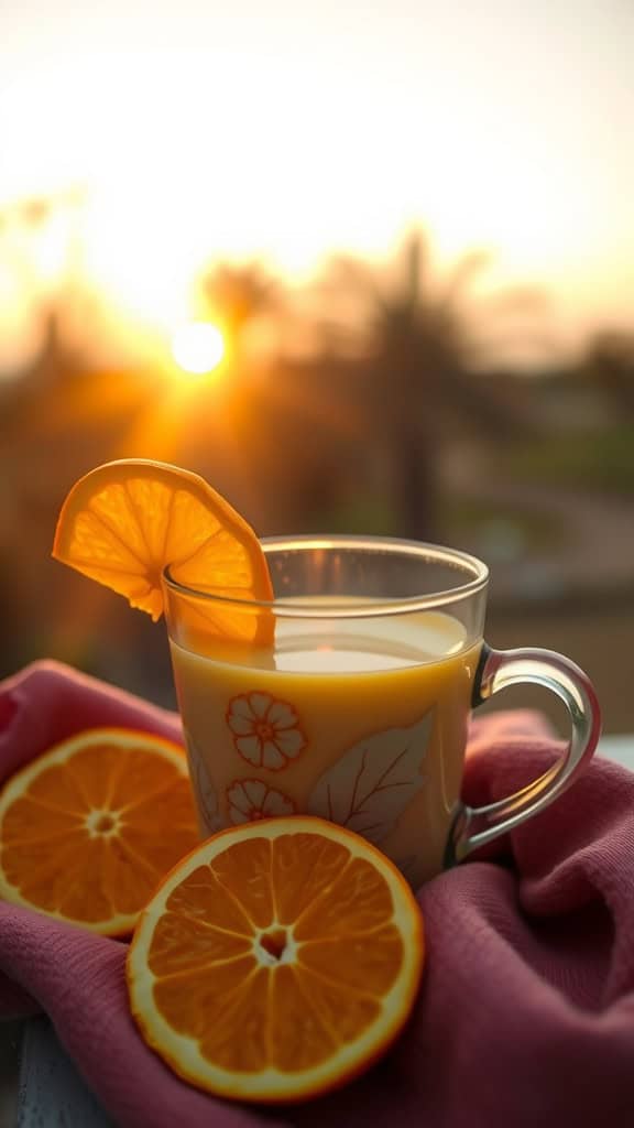 A glass of turmeric drink with a slice of orange, set against a sunrise background.