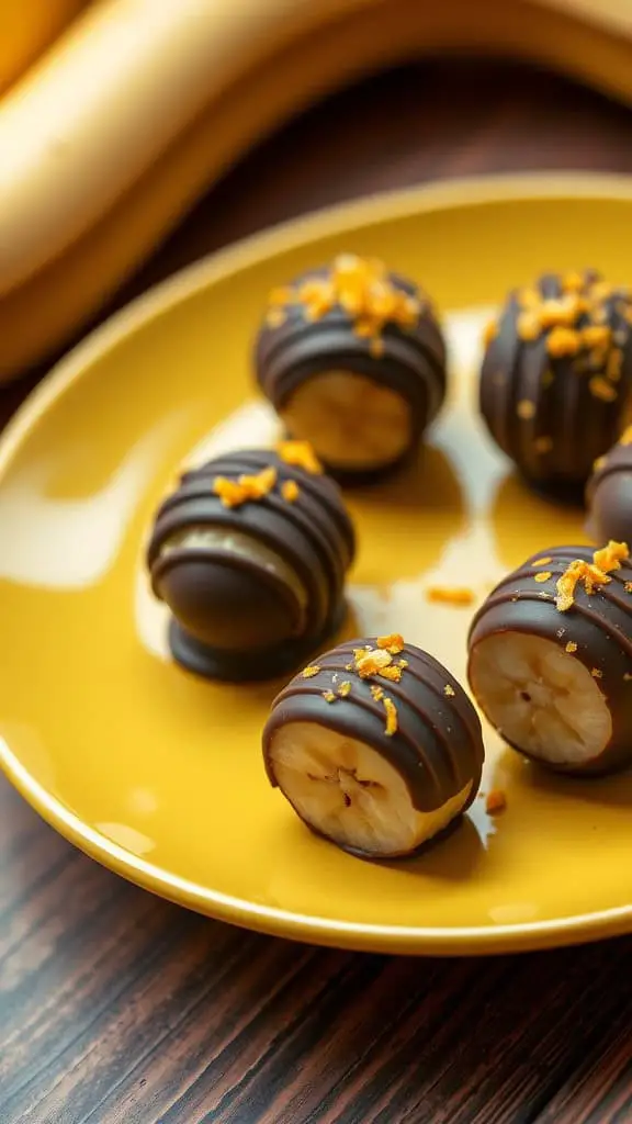 A plate of Orange Zest Dark Chocolate Bites with banana slices covered in dark chocolate and orange zest