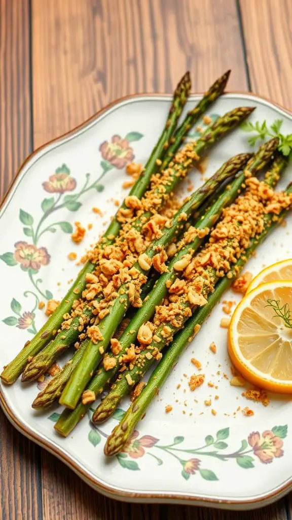 A plate of parmesan crusted asparagus garnished with lemon slices.