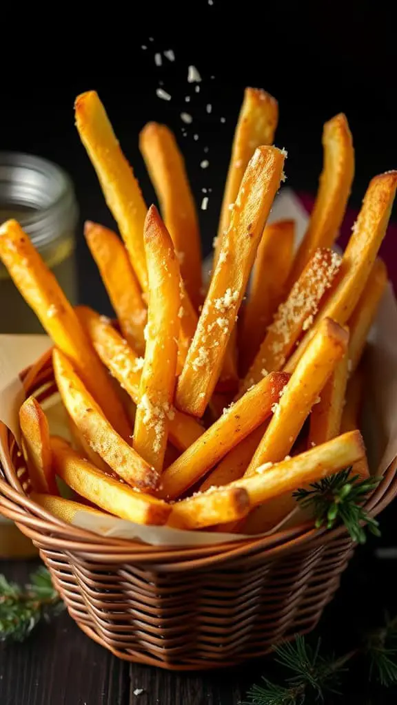 A basket of golden crispy fries topped with Parmesan cheese, showcasing an appetizing look.