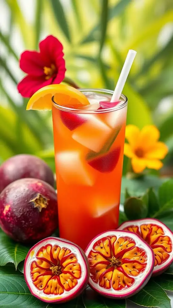 A vibrant glass of Passionfruit Hibiscus Twist drink, garnished with lemon and flowers, with fresh passionfruits in the foreground.