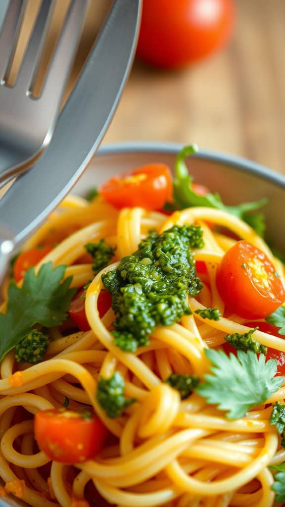 A bowl of spaghetti with pesto, cherry tomatoes, and fresh herbs.