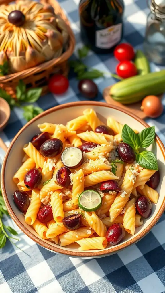 A delicious pasta salad with artichokes and olives in a bowl, garnished with lime slices and basil, set on a blue checkered tablecloth.