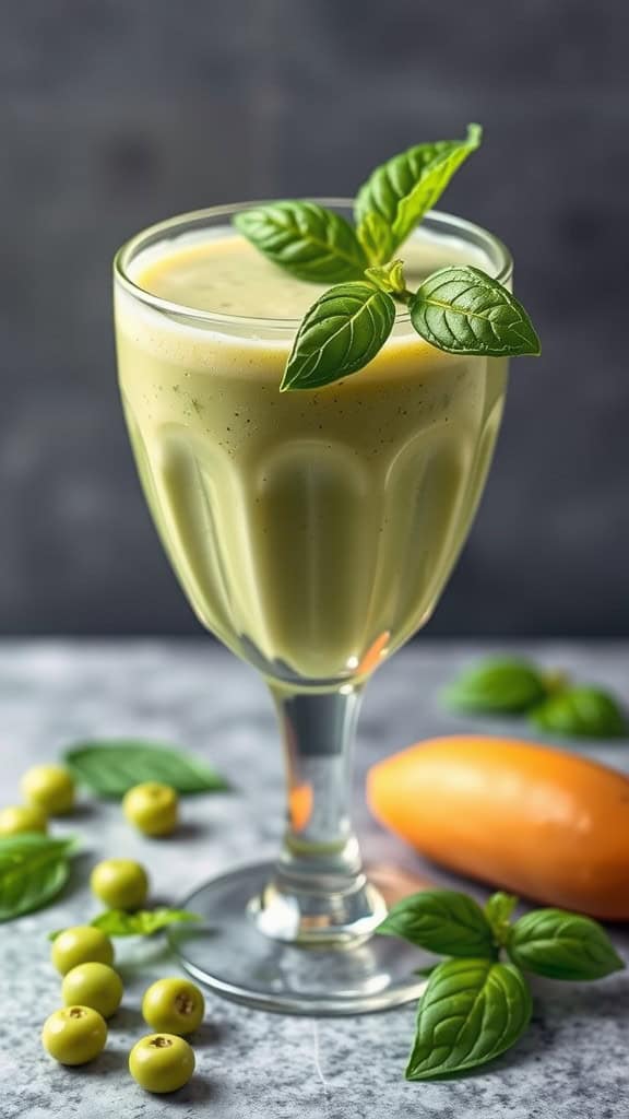 A refreshing Pea and Basil Smoothie garnished with basil leaves, served in a glass with scattered peas and a carrot beside it.