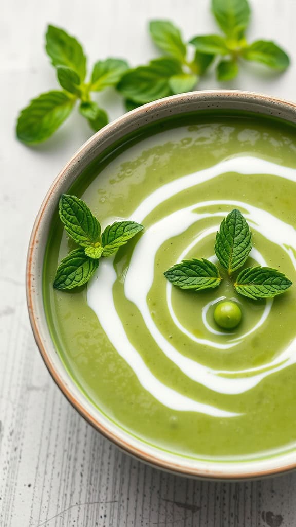 A bowl of bright green pea and mint soup garnished with fresh mint leaves and a swirl of cream.