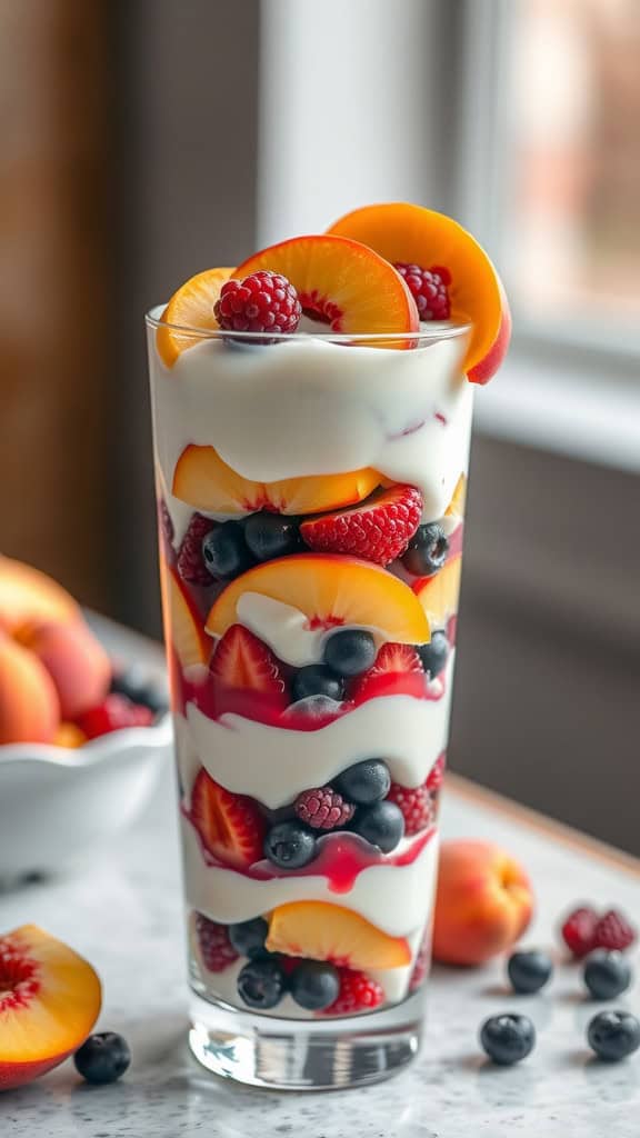 A delicious layered dessert with peaches, berries, and yogurt in a tall glass.