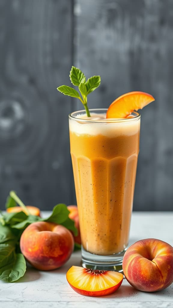 A refreshing peach and spinach smoothie garnished with a peach slice and mint leaves, surrounded by fresh peaches and spinach leaves.