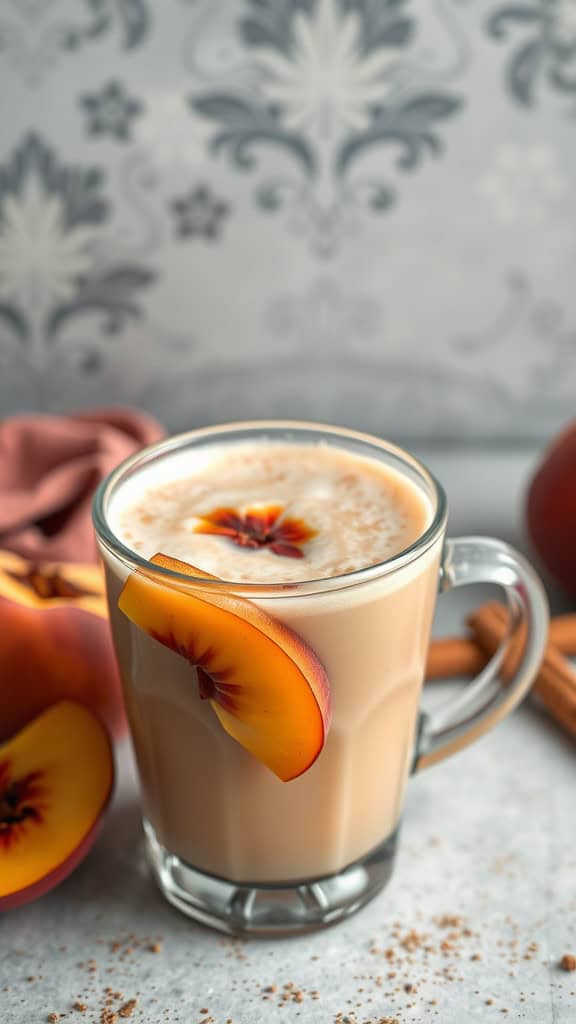 A delicious Peach Chai Latte topped with a fresh peach slice, surrounded by cinnamon sticks and peach slices.