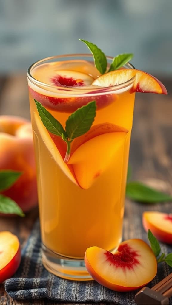 A refreshing glass of Peach Green Tea with peach slices and mint leaves.