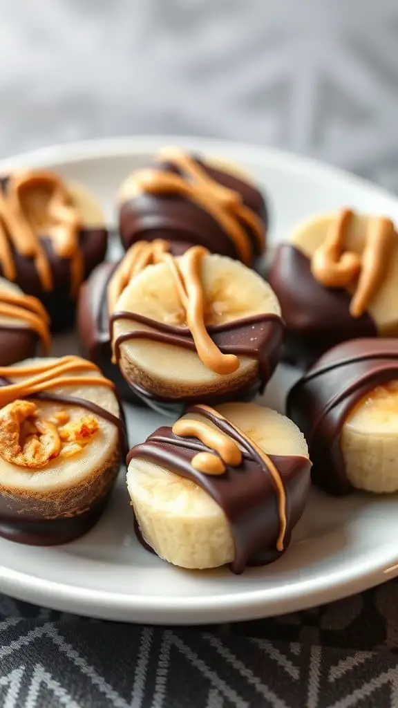 A plate of Peanut Butter and Dark Chocolate Banana Bites drizzled with peanut butter.