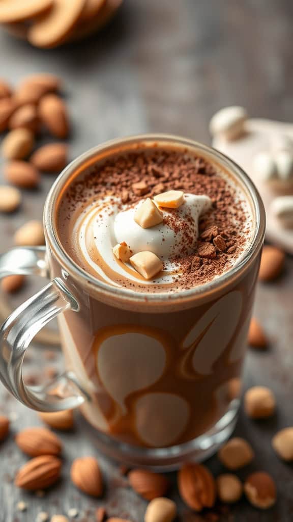 A delicious cup of Peanut Butter Almond Bliss topped with whipped cream, cocoa powder, and almonds, surrounded by almonds on a wooden table.