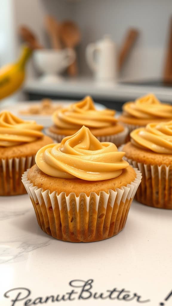 A close-up of Peanut Butter Banana Muffins topped with creamy peanut butter frosting, showcasing their moist texture and appealing presentation.