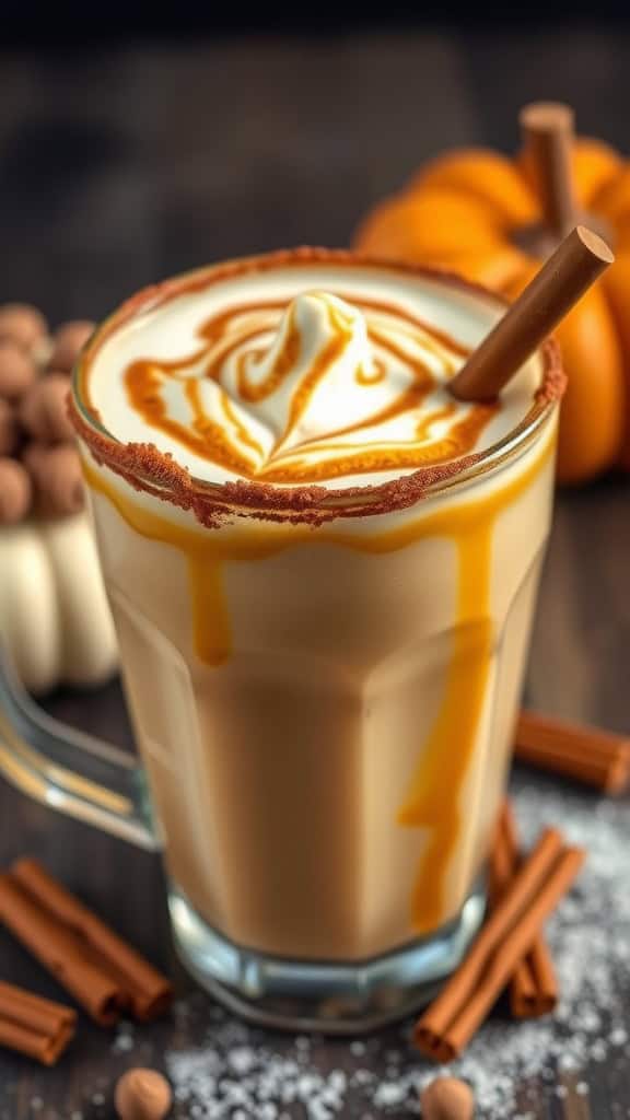 A delicious peanut butter pumpkin spice latte in a clear glass with caramel drizzle, whipped cream, and a cinnamon stick, surrounded by autumn decorations.