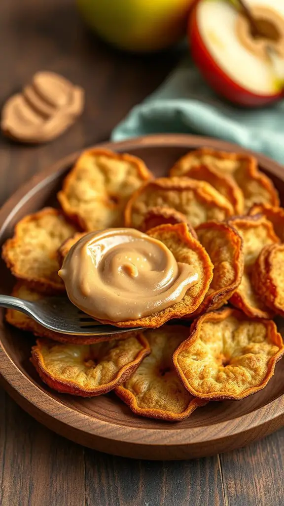 A plate of baked apple crisps topped with peanut butter, with fresh apples in the background.